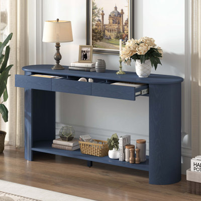 Console en placage de chêne moderne de 59,8 po avec 3 tiroirs, table d'entrée de style campagnard avec tablette, table de canapé en bois de conception semi-circulaire, convient au salon, au couloir, au vestibule, au vestibule, au couloir