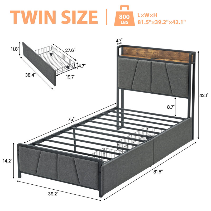 Twin Size Bed Frame with 2 Storage Drawers and Charging Station, Linen Upholstered Platform Bedframe with Storage Headboard, No Box Spring Needed, Noise Free, Easy Assembly, Grey
