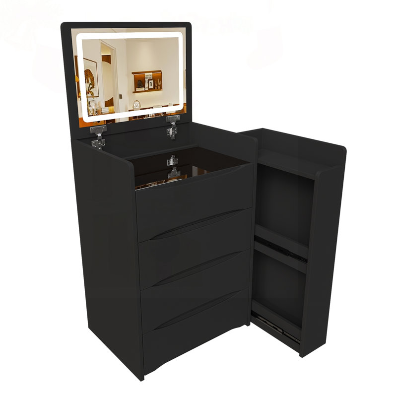 Bureau de meuble-lavabo à miroir 3 en 1 avec DEL réglable et plateau latéral, Noir
