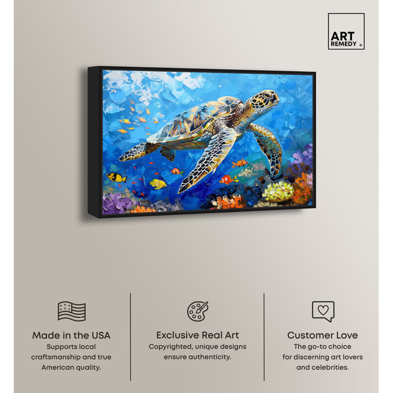 Colorful Coastal Turtle Swimming Canvas Wall Art in Black Frame
