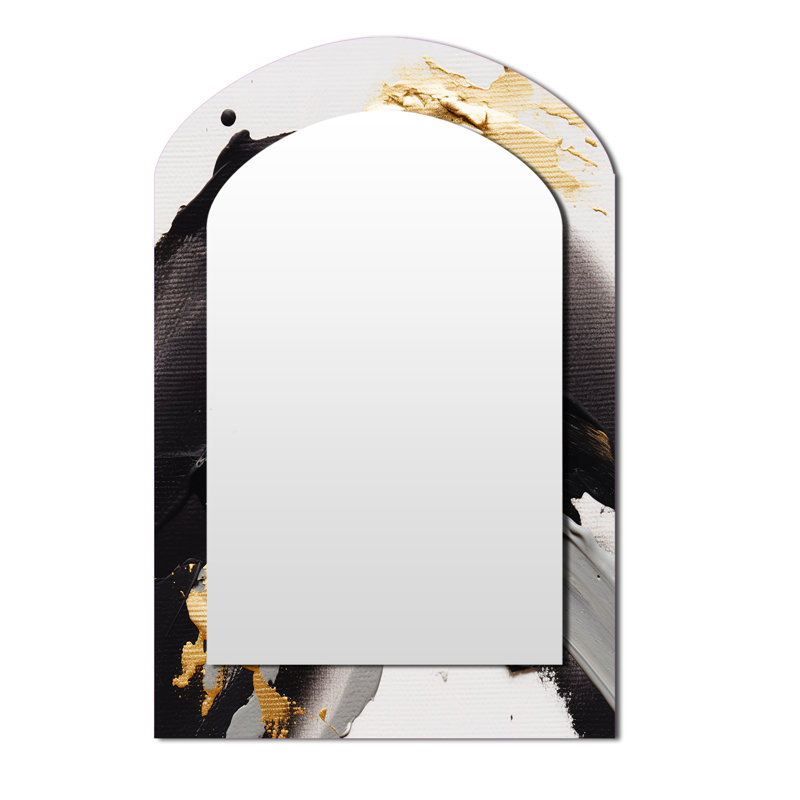 Exquisite Darling Gold Abstract Wave On Black II - Abstract Painting Asymmetrical Mirror, Gold Arch Unique Wall Mirror, Printed Metal Art