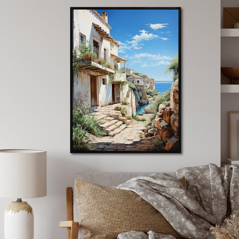Spain Azure Coastline Village V - Spain Wall Art Living Room, H 32 po x l 24 po x P 1 po, Cadre flottant noir