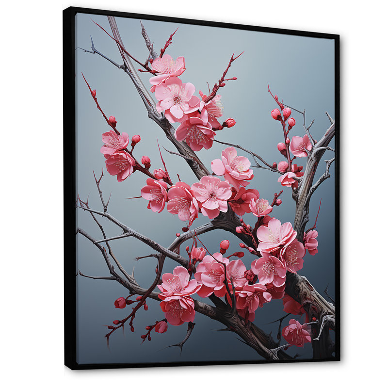 Fleurs de cerisier rose fin de l'hiver II - art mural cerisier en fleurs, Cadre flottant noir, H 32 po x l 24 po x P 1 po