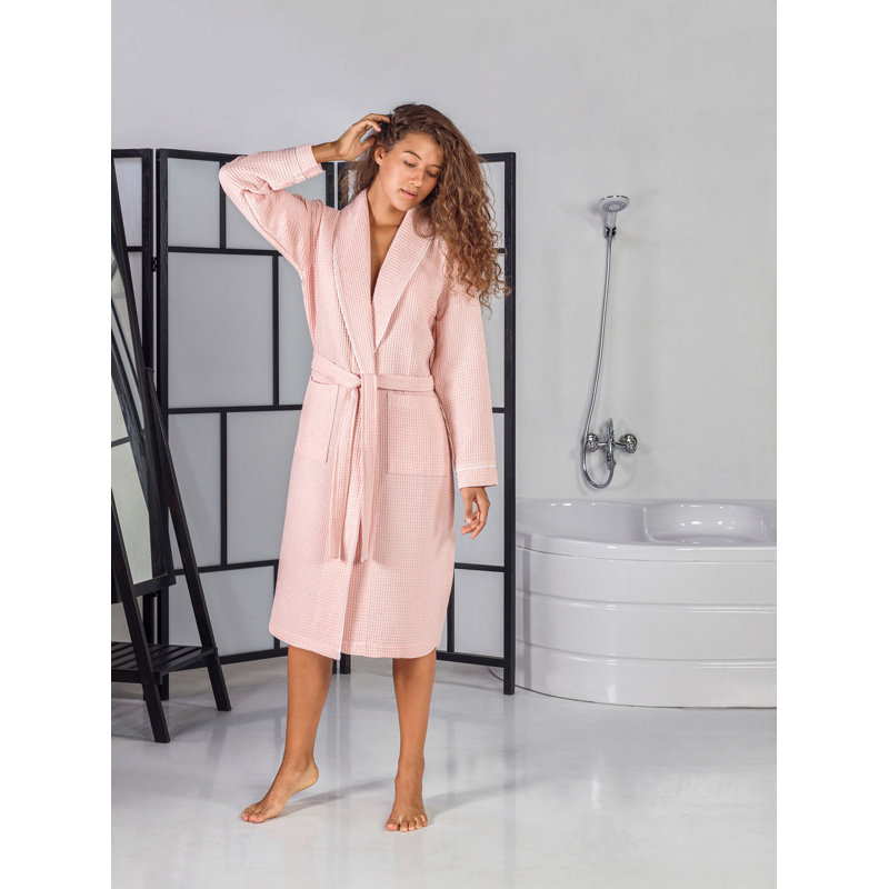 Peignoir 100% coton mi-mollet avec poches, G / TG, Poudre