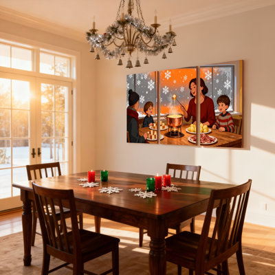 Christmas Family Enjoying Fondue Winter Scene Set of 3 Canvas Wall Art Prints