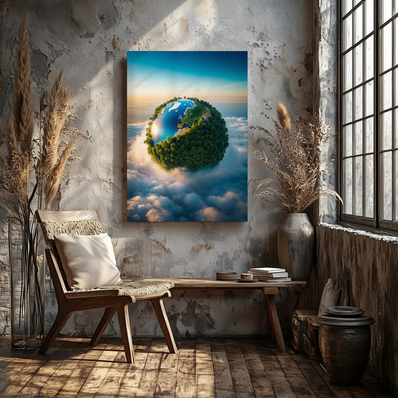 Toile, "Une planète luxuriante et vibrante," Terre flottant dans une atmosphère sereine ", art mural enveloppé de nuages blancs