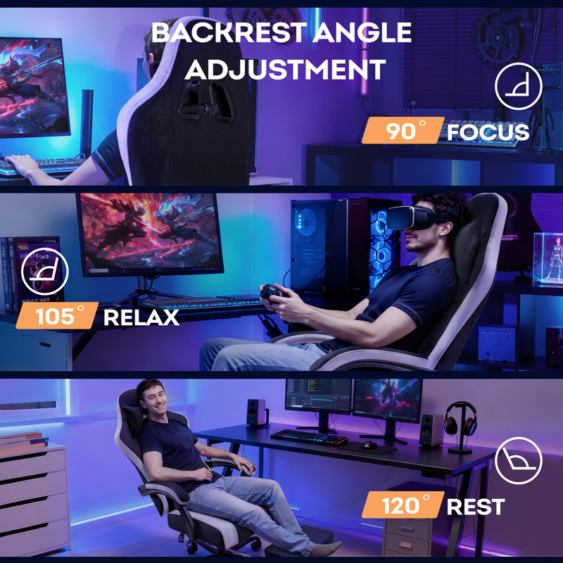 Fabric Gaming Chair With Massage Lumbar Support, High Back Ergonomic Computer Chair With Footrest, Reclining Game Chair With Linkage Armrests