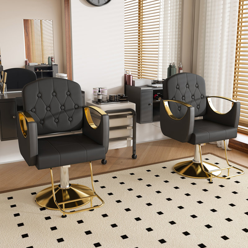  Fauteuil de coiffeur professionnel avec pivotant à 360 °, fauteuil de coiffeur robuste avec base dorée, noir et or, Noir