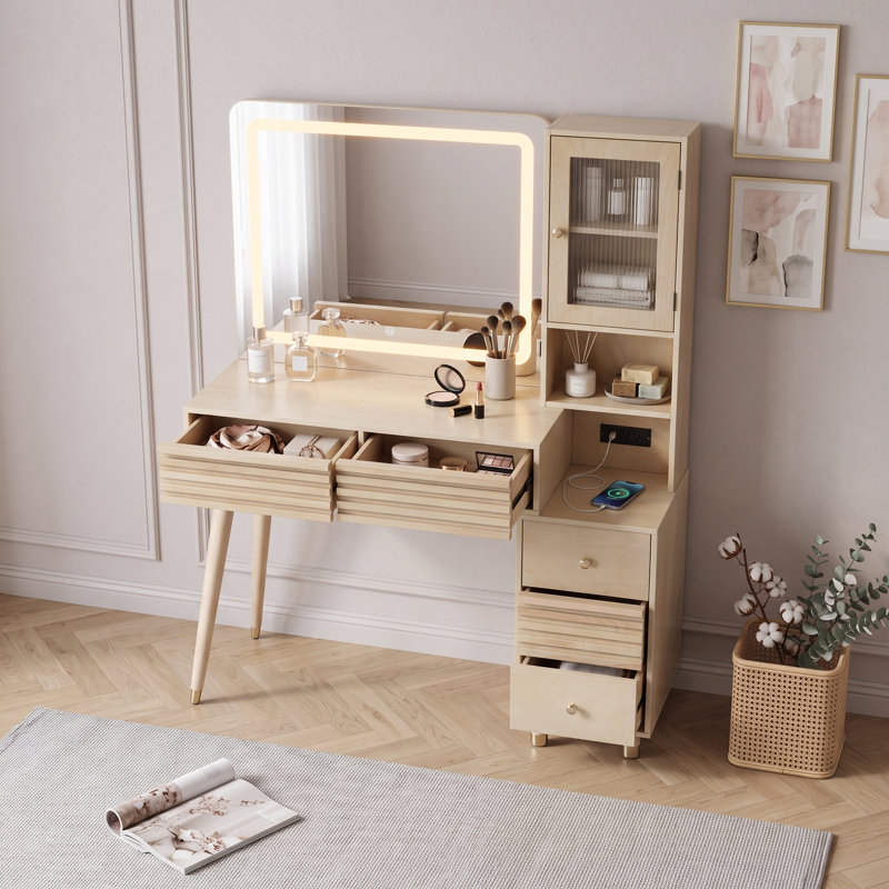Bureau de maquillage avec miroir à DEL, 5 tiroirs, armoire de rangement en verre cannelé et station de charge intégrée