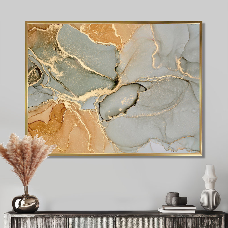 «Brown Luxury Abstract Fluid IV», peinture sur toile, H 12 po x l 20 po, Reproduction avec cadre flottant, Doré