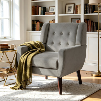 Jaqueze Upholstered Gray Velvet Tufted Wide Back Armchair with Solid Wood Legs