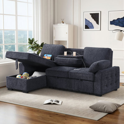 92" Wide Convertible Sofa Bed 2-In-1 Chenille Pull-Out Sleeper Couch With Flip-up Armrest Cup Holder & USB Ports & Reversible Storage Chaise for Living Room Apartment