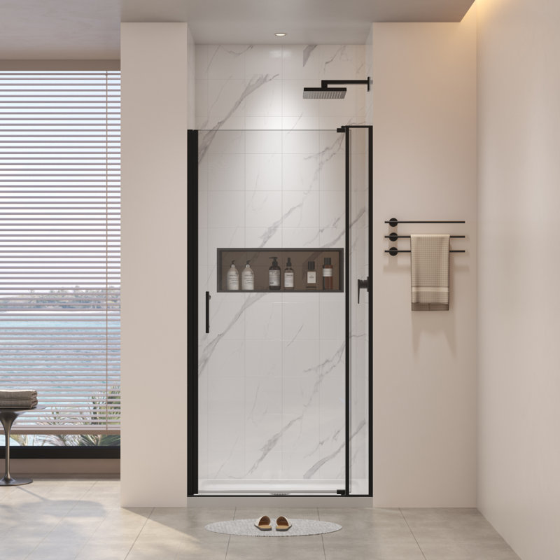 2832"W X 72"H Left And Right Opening Universal Pivot Shower Door, Open Outside, With 1/4" And 5/16" Tempered Glass And Matted Black Finish