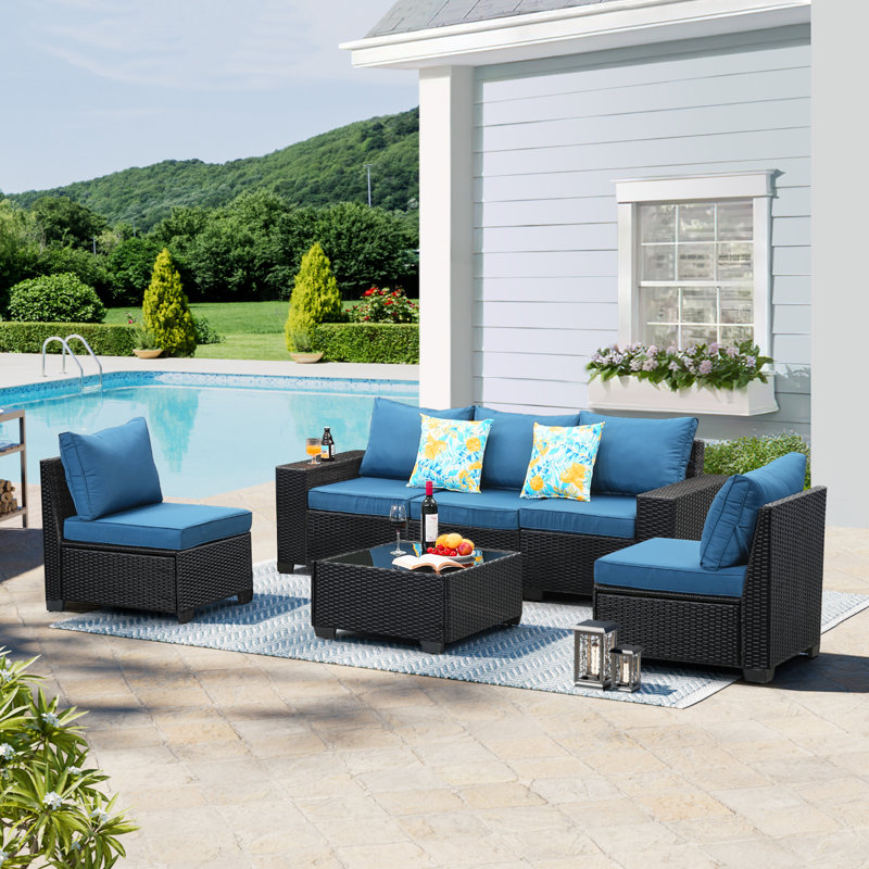 Ebern Designs 6 Pieces Patio Furniture set All-Weather Outdoor Conversation Sofa Rattan patio seating sofa, Peacock