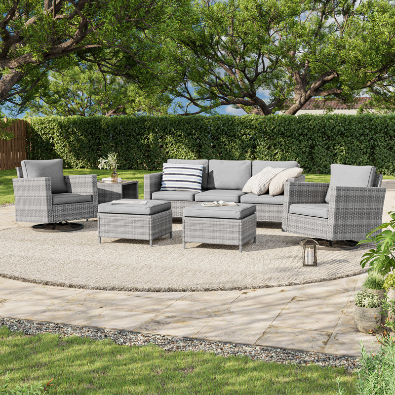 Pershore 6 Piece Wicker Conversation Set with Cushions and Rocking Swivel Chairs, Gray