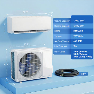 12000 BTU Mini Split AC/Heating System SEER2 22 Inverter Heat Pump, 115V, Works with Alexa, Energy Efficient Ductless Air Conditioner Cools 750 Sq.Ft, WiFi Enabled with Install Kit