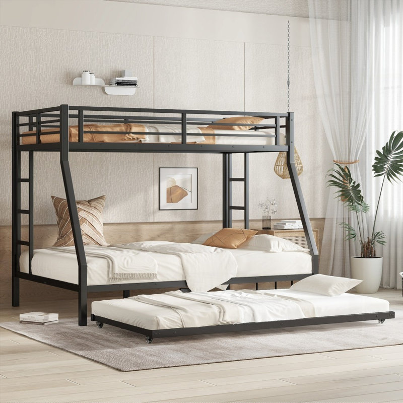 Lit superposé simple au-dessus d'un lit double en métal avec lit gigogne simple - Robuste Spacieux, aucun sommier requis