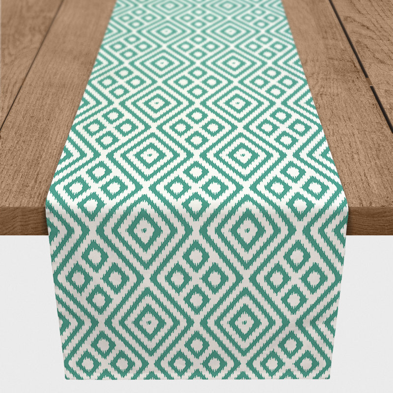Chemin de table en losanges pointillé Nalston, 90 po x 16 po, Bleu sarcelle, Ikat