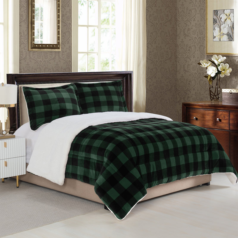 Ensemble d'édredon réversible en duvet synthétique et microsuède 3 pièces, Édredon très grand et 2 taies décoratives, Vert
