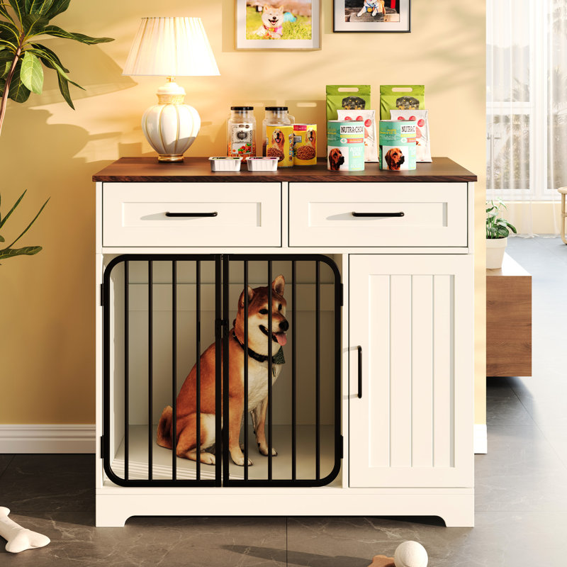 Cage pour chien 37,4 po avec 2 tiroirs et rangement, chenil d'intérieur pour chiens de taille moyenne, brun blanc, fabrication à l'épreuve