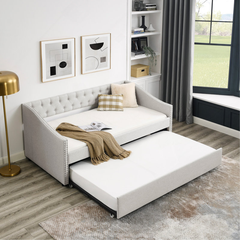 Twin Size Daybed With Twin Size Trundle Upholstered Tufted Sofa Bed, With Button On Back And Copper Nail On Waved Shape Arms
