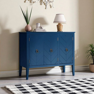 Navy Blue Adjustable Shelf Storage Sideboard with Retro Metal Handles and Pinewood Legs for Entryway, Living Room, or Dining Room