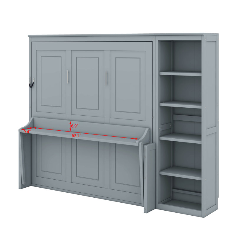 Grand lit escamotable avec bureau et bibliothèque, Gris