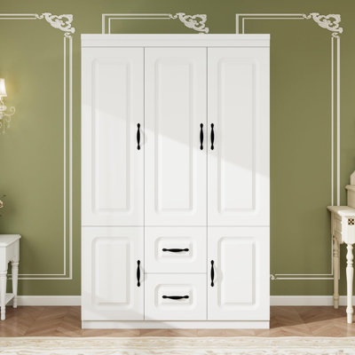 Placard classique blanc | Armoire de chambre à coucher avec portes à fermeture douce, 5 tablettes et 2 tiroirs | Armoire de rangement peu encombrante (H 70,87 po)