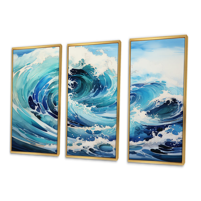 «Blue Wave Ocean Storm», ensemble d'art sur toile, Cadre flottant doré, H 40 po x l 60 po x P 1 po