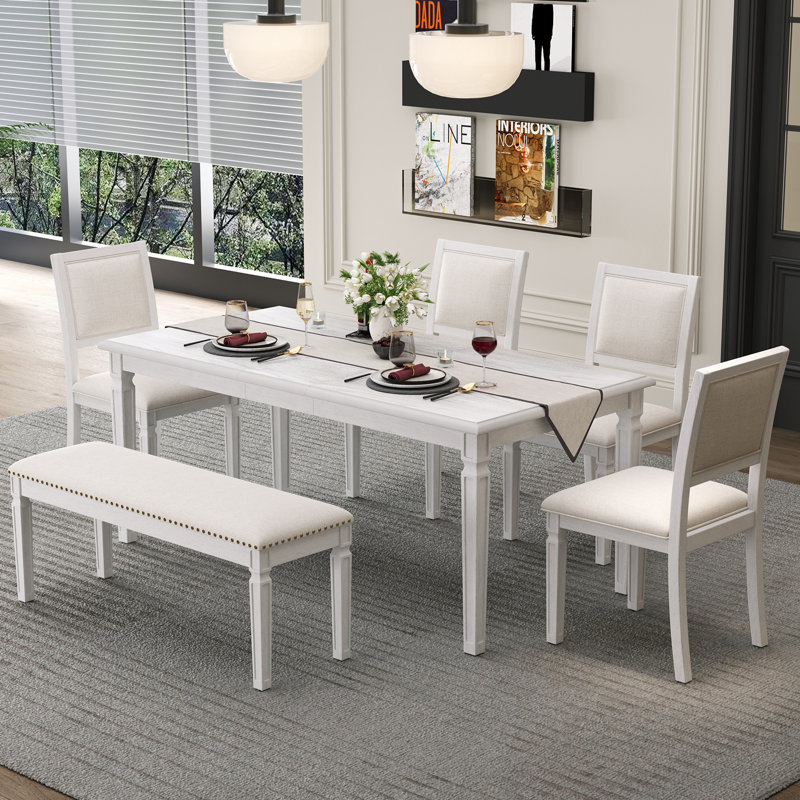 Ensemble de table de salle à manger extensible 6 pièces avec 4 chaises et banc, Blanchies