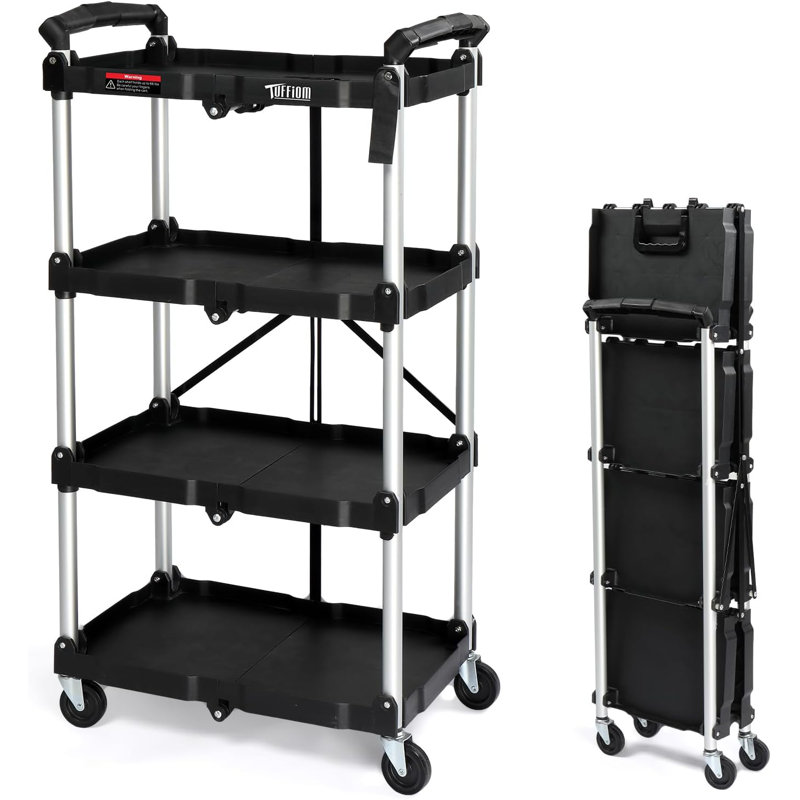 Chariot utilitaire pliable en plastique noir à 4 niveaux avec frein