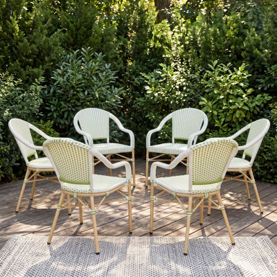 Chaises de salle à manger de patio Altesa de style bistro français, chaises de salle à manger d'extérieur en résine tressée PE résistante aux intempéries avec accoudoirs (ensemble de 6)