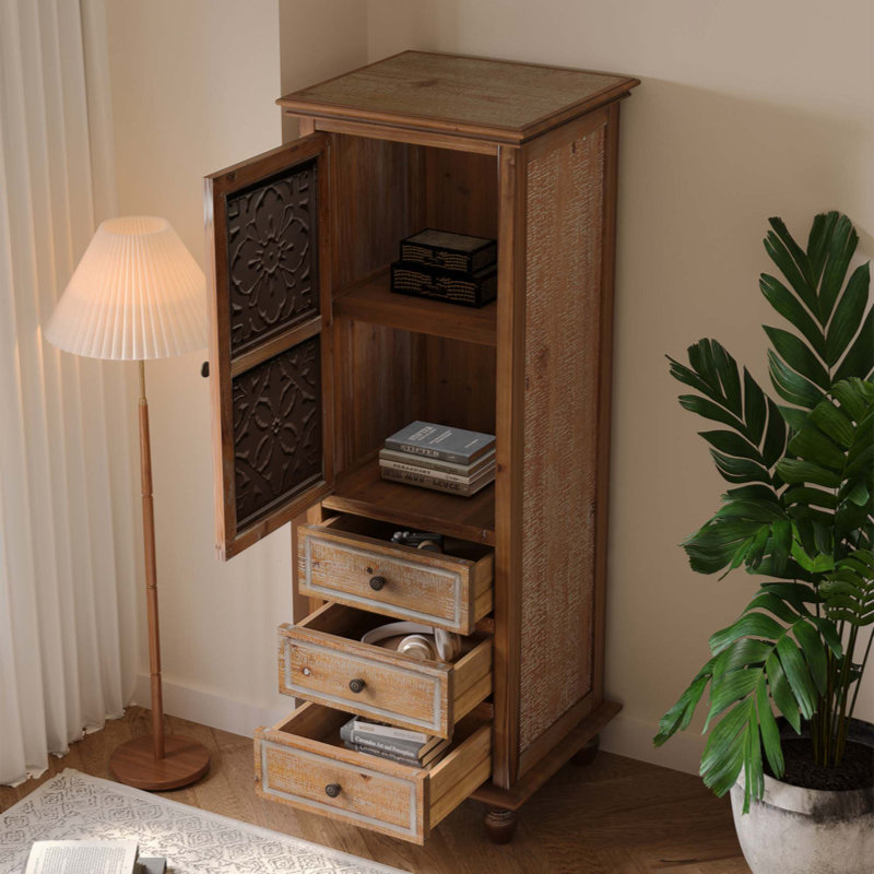 Armoire de rangement rustique en bois avec porte découpée décorative et 3 tiroirs, grand organisateur étroit pour le salon, la chambre à coucher
