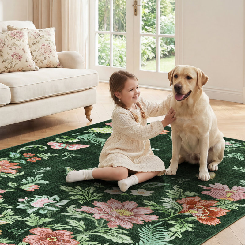 8x10 ft Machine Washable Indoor Area Rug - Modern Butterfly Botanical Design Carpet for Living Room, Soft Velvet, Non-Slip TPR Backing, Dark Green