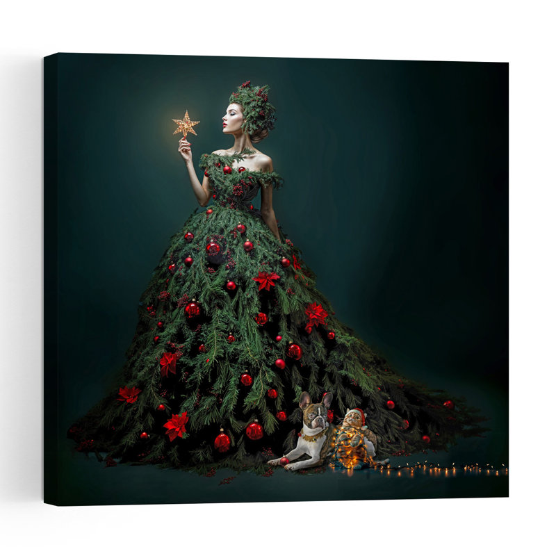 Whimsical Christmas Dress Elegant Whimsical Abstract Christmas Tree Cat Dog Nature Portrait Wall Art Print 1 Piece Wrapped Canvas Wall Art