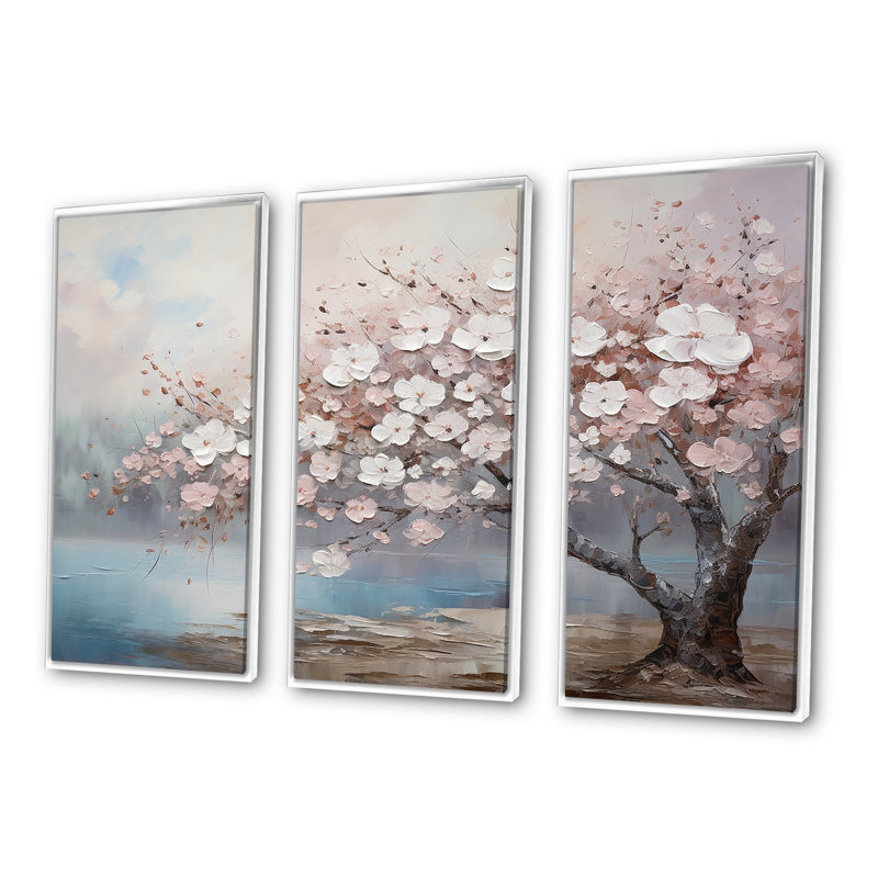 «Pink and Gray Cherry Blossom Charm I», ensemble d'art mural sur toile, Cadre flottant blanc, H 40 po x l 60 po x P 1 po