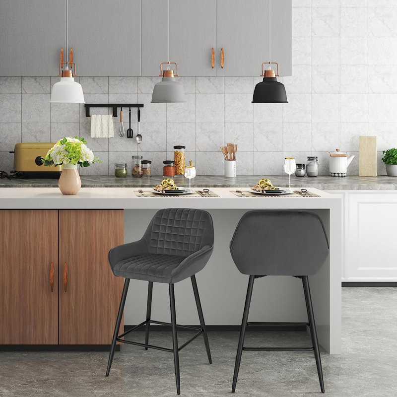 Chisato Upholstered Counter Stool with Metal Frame, Dark Grey, 2