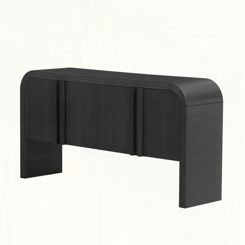 Wave-Pattern Console Table with 4 Doors and Adjustable Shelf, Black