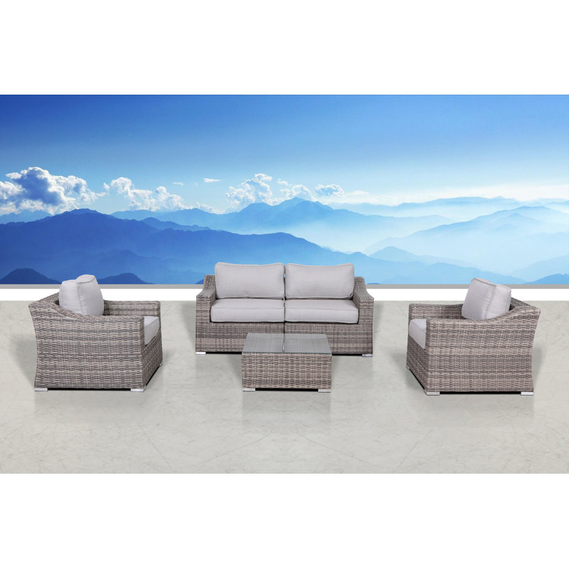 Ensemble de conversation pour 4 personnes avec coussins Moyeda Wicker | Canapé modulaire en osier toutes saisons