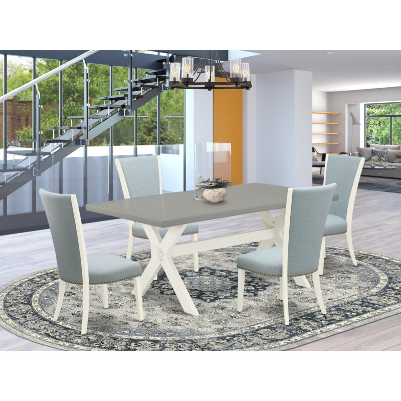 Ensemble de table de salle à manger 5 pièces comprenant une table de cuisine rectangulaire avec pieds en X et 4 chaises de salle à manger Parson en tissu bleu bébé, lin brossé blanc 