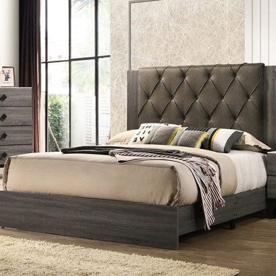 Lit grand, gris, tête de lit, bois d'hévéa pour chambre à coucher, bois d'hévéa gris pour chambre à coucher transitionnelle, style moderne