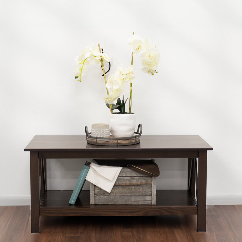 Rectangular Solid Pine Wood Coffee Table with Storage Shelf - Dark Brown
