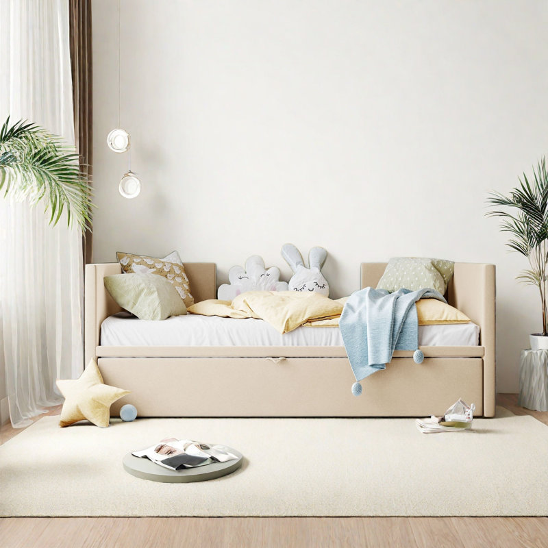 Twin Upholstered Daybed With Trundle, Beige