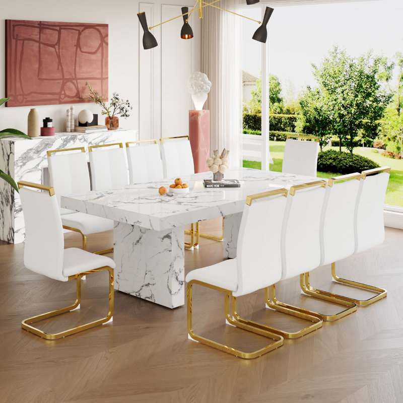 Wooden Dining Table Set for 10, White, 11 Pieces: Table, 10 Chairs