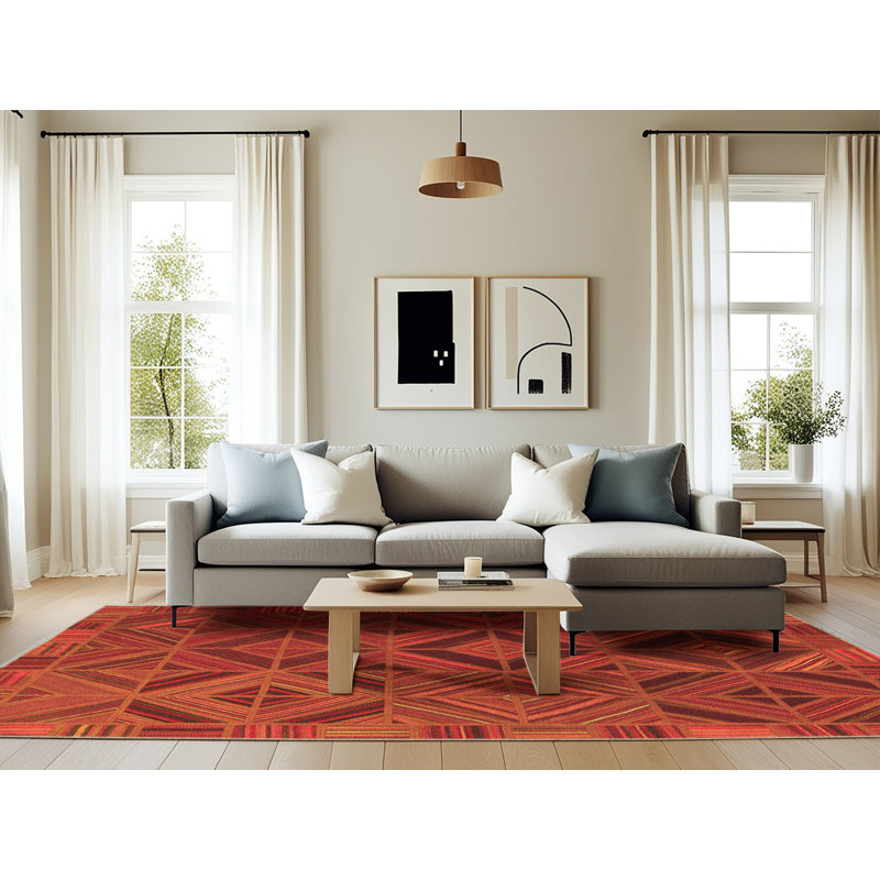 Tapis géométrique rectangulaire tissé à la machine 6 pi x 9 pi orange / noir