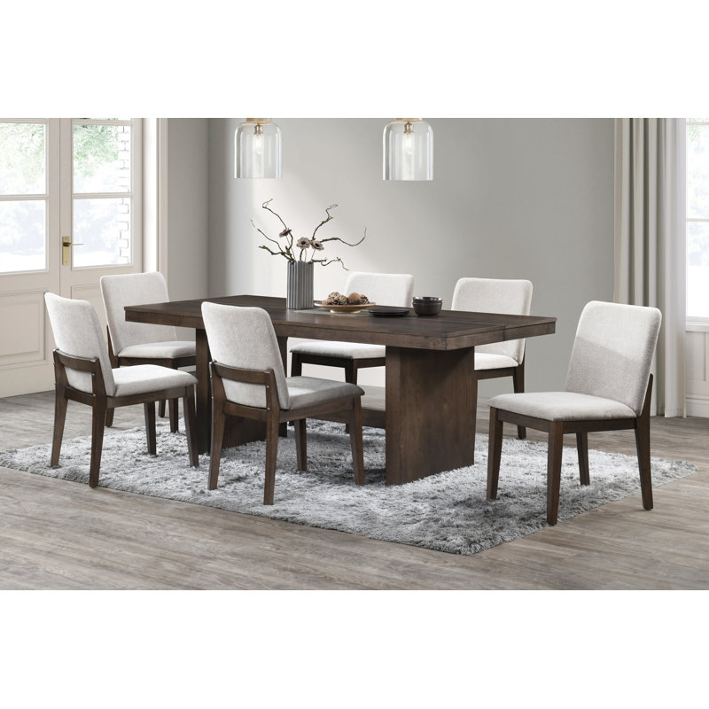 Darrah 7-Piece Wood Dining Table Set With 6 Upholstered Chairs In Beige, 7 Pieces: Table, 6 Chairs, Beige