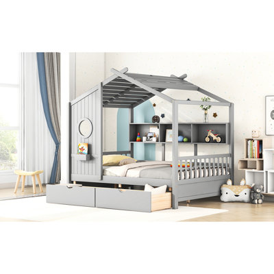 Full Size House - Style Wooden Bed In Gray, 2 Drawers And Shelf For Pens, Safe Space With Storage Shelf, Gray Semi Enclosed Play , Pinewood Frame, Ideal Better Sleep