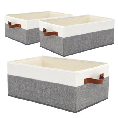Generic Set Of 3 Large Capacity Fabric Storage Bins With Leather Handles, Closet Shelf Organizer Baskets For Clothes Sheets Jeans Toys And Books