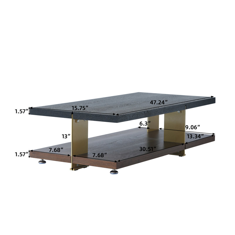 Table basse rectangulaire avec rangement, Plateau noir / base brune