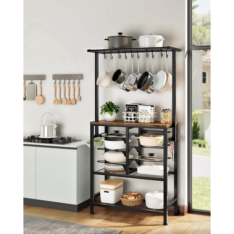 Kitchen Storage Rack, 4-tier Kitchen Baker's Rack, Industrial Coffee Bar Station, Cookware Organizer with Hooks and Shelves